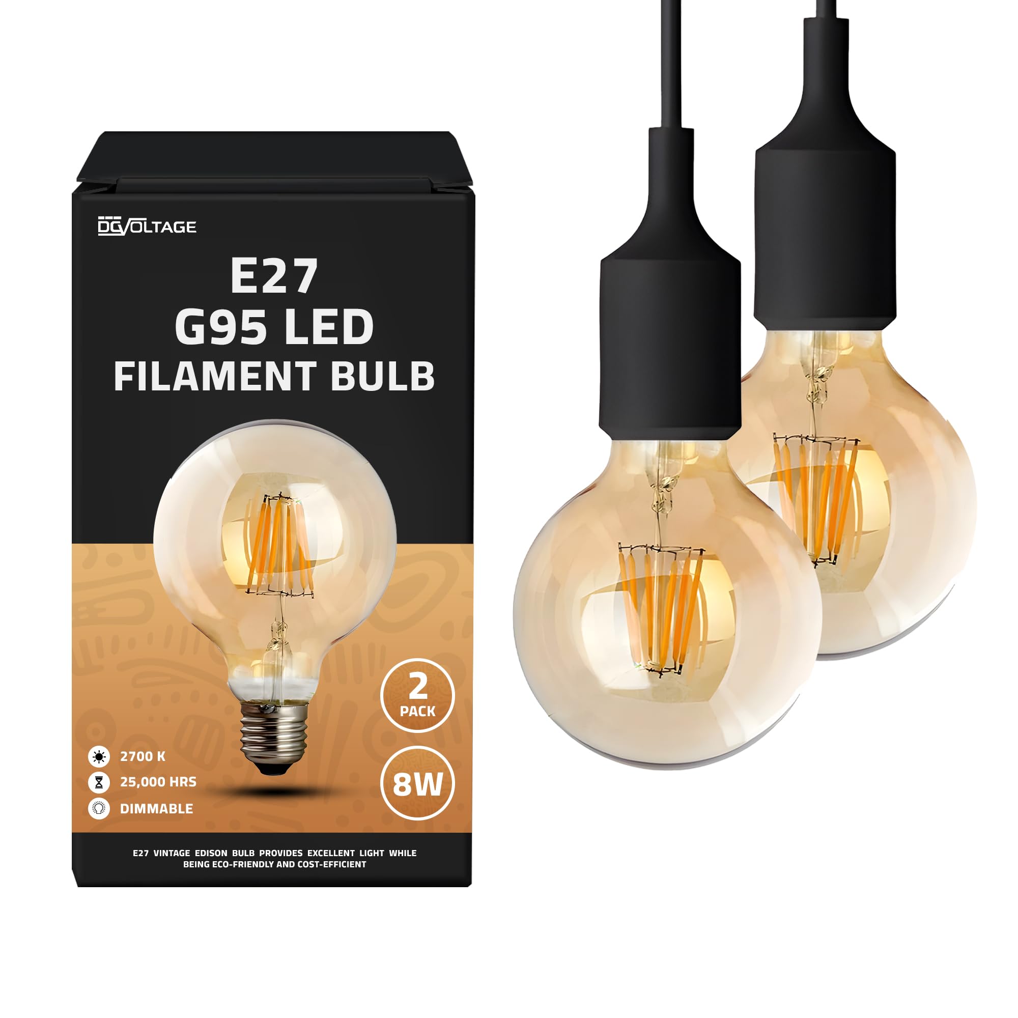Pack 2, LED E27 Light Bulb, G95 8W (60W Equivalent) Dimmable LED Filament 2700K WarmWhite AmberGlass 806 Lumen Vintage Old Fashioned Globe 90% Energy Saving Bulb for Home Decorative Energy Class A+ โ image 1