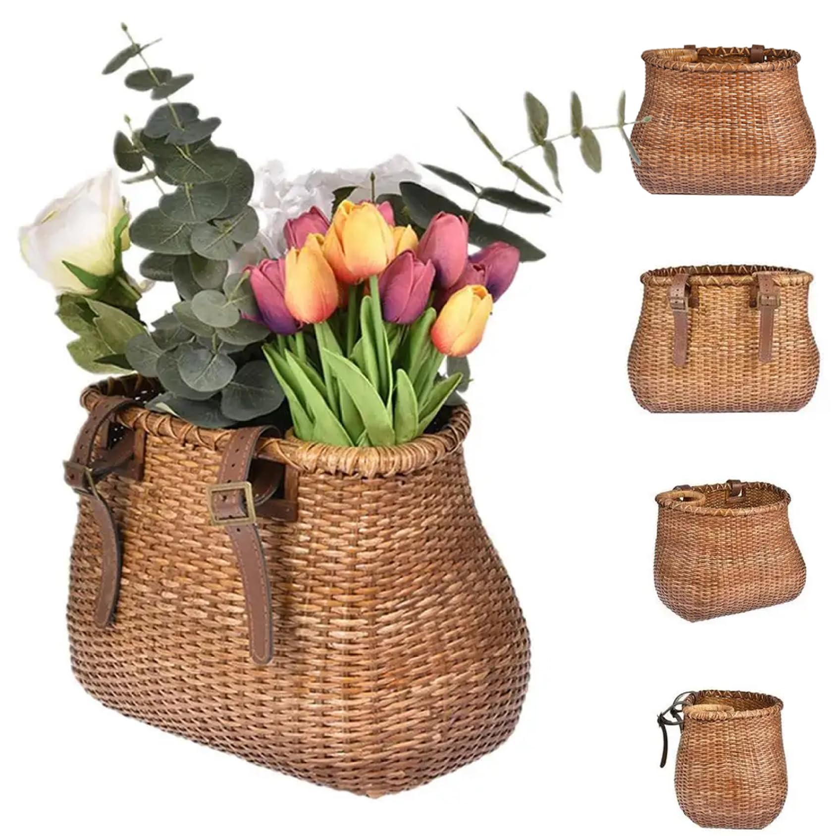 Wicker Bike Basket Front with Adjustable Straps Wicker Bike Basket with Cup Holder Detachable Front Retro Baskets for Kids, Adult Bikes Baskets