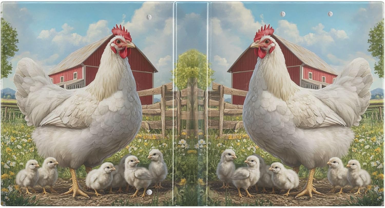 White Hen with Chicken Binder 1.5 Inch Binder with Clipboard&Pockets, Barn Farm Animal Hardcover Binders 3 Ring, Heavy Duty Large File Folder for Office School Supplies - Holds 200 Sheets