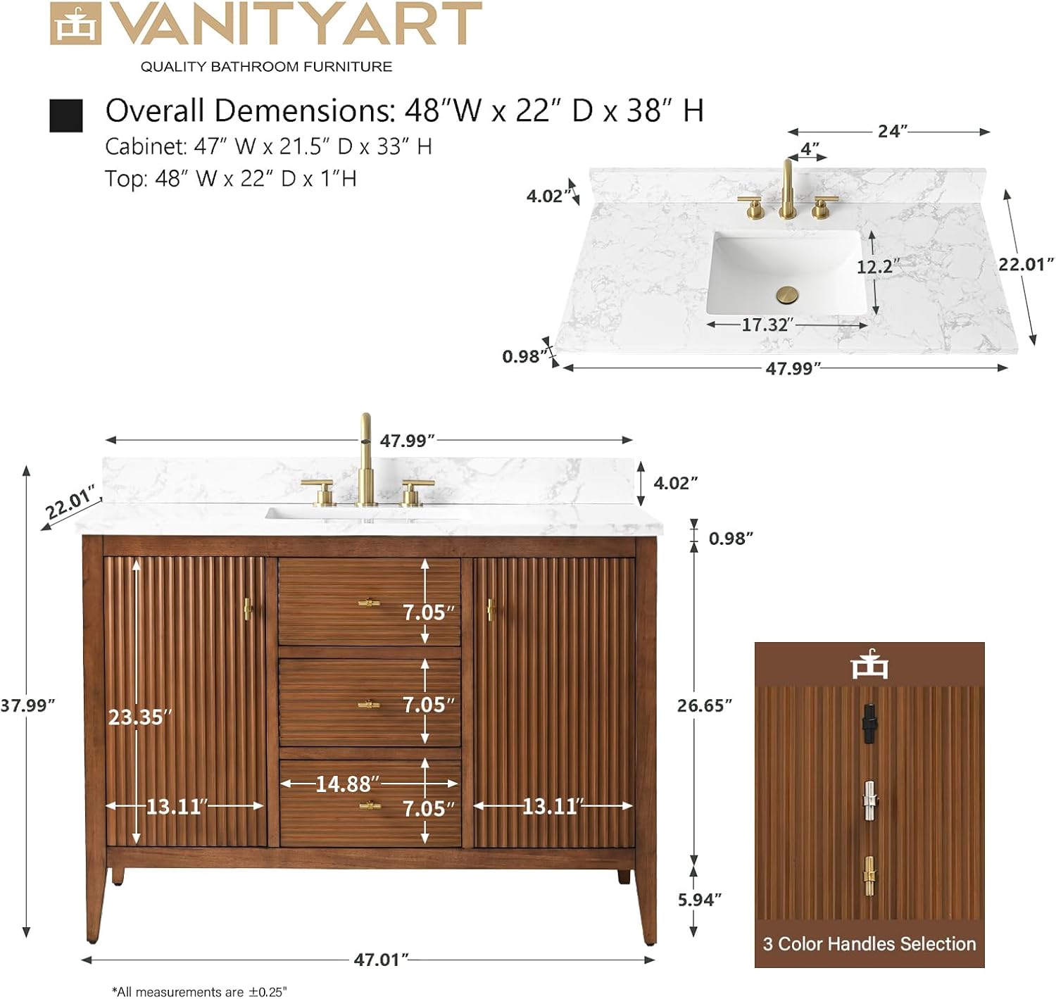 Vanity Art 48 inch Bathroom Vanity with Single Sink & Ceramic Top, Vanity Cabinet with Soft-Closing Door, Solid Wood Frame, Linear Pattern, Walnut, Golden Brushed Handware VA9148-Walnut-GB