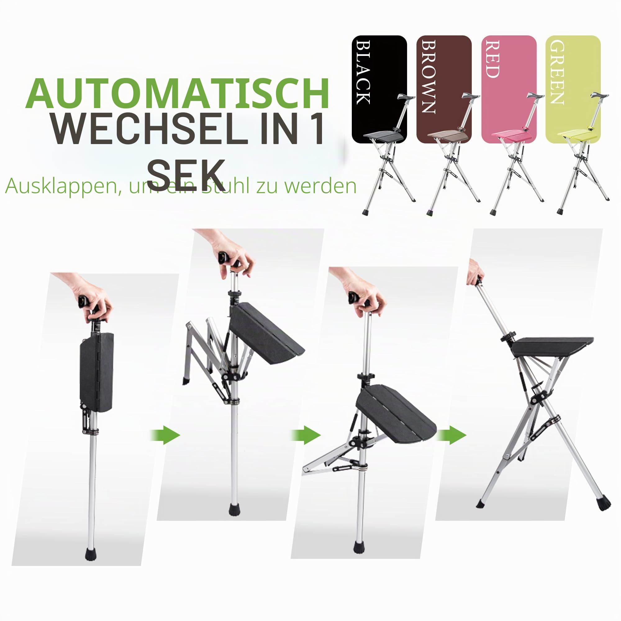 STEP2GOLD TA-Da Chair - Gehstock mit Sitz, ultraleichter Aluminiumrahmen & robuster Klapphocker (bis zu 110 kg), zusammenklappbares Design, ideal für Reisen & Sightseeing