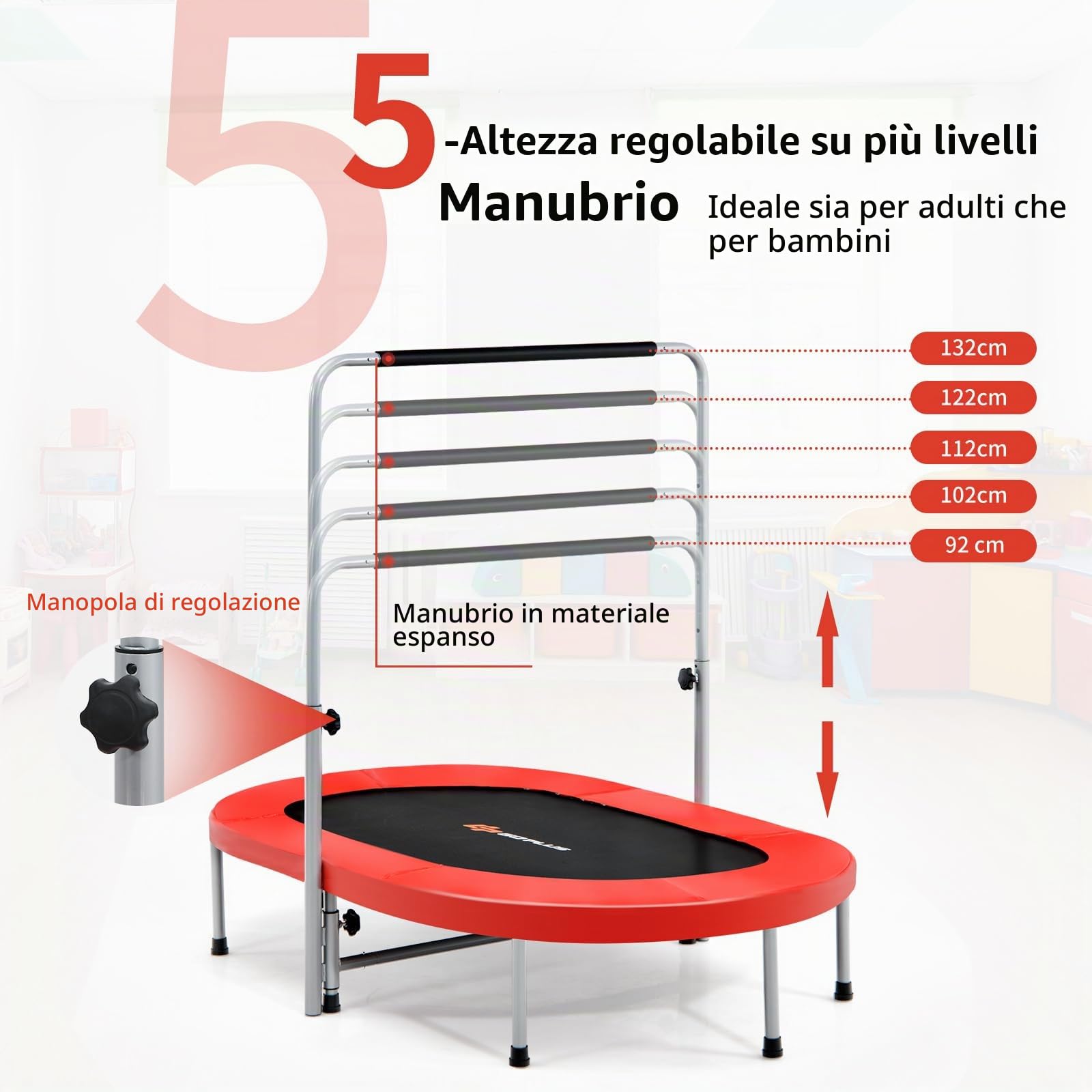 KOMFOTTEU Trampolino doppio per bambini, 154 x 90 cm (L x L), Trampolino per fitness pieghevole, maniglia regolabile, rimbalzo ovale per bambini e adulti, portata massima di 150 kg