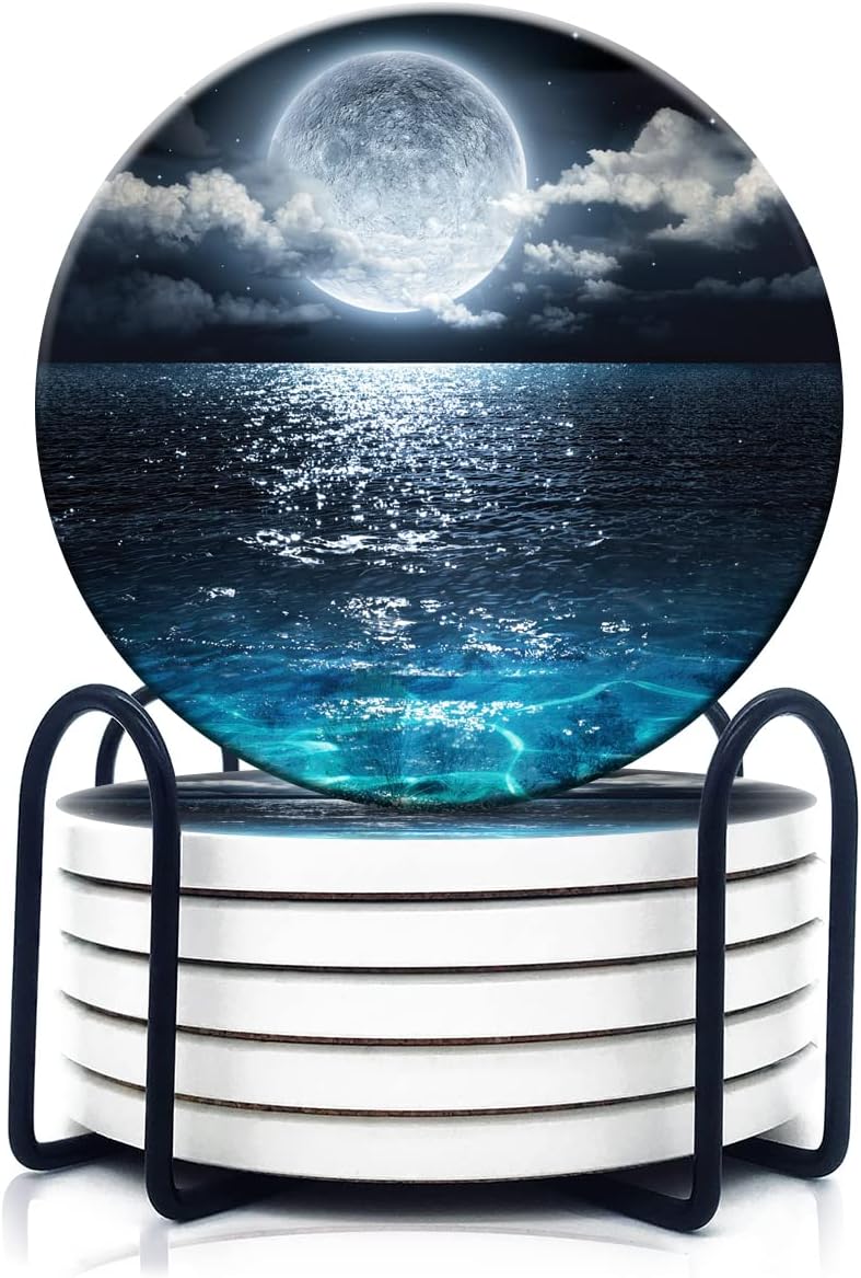 HOPONY Coasters for Drinks,6 Pieces Ceramic Stone Coaster Set with Metal Holder Stand, Cork Base,Absorbent Cups Place Mats for Home Decor Moon River
