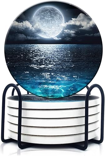 Miniatura 1 de HOPONY Posavasos para bebidas, juego de 6 posavasos de piedra de cerámica con soporte de metal, base de corcho, tazas absorbentes para decoración