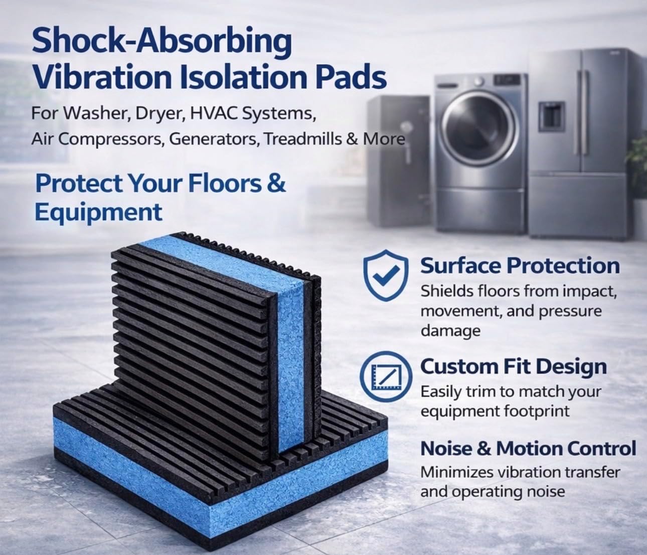 (6) Anti Vibration Pads 4" x 4" x 7/8" Thick, Heavy Duty, Non-Slip Shock Absorbing Vibration Isolation for Washer, Dryer, HVAC, Air Compressor, Generator, Treadmill Floor Protector, Customizable