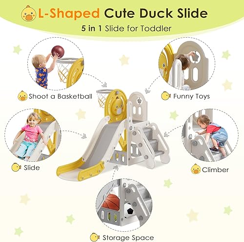 Miniatura 2 de BIERUM Tobogán 5 en 1 para niños pequeños, tobogán para bebés de 1 a 3 años con aro de baloncesto, para interiores y exteriores, patio trasero,