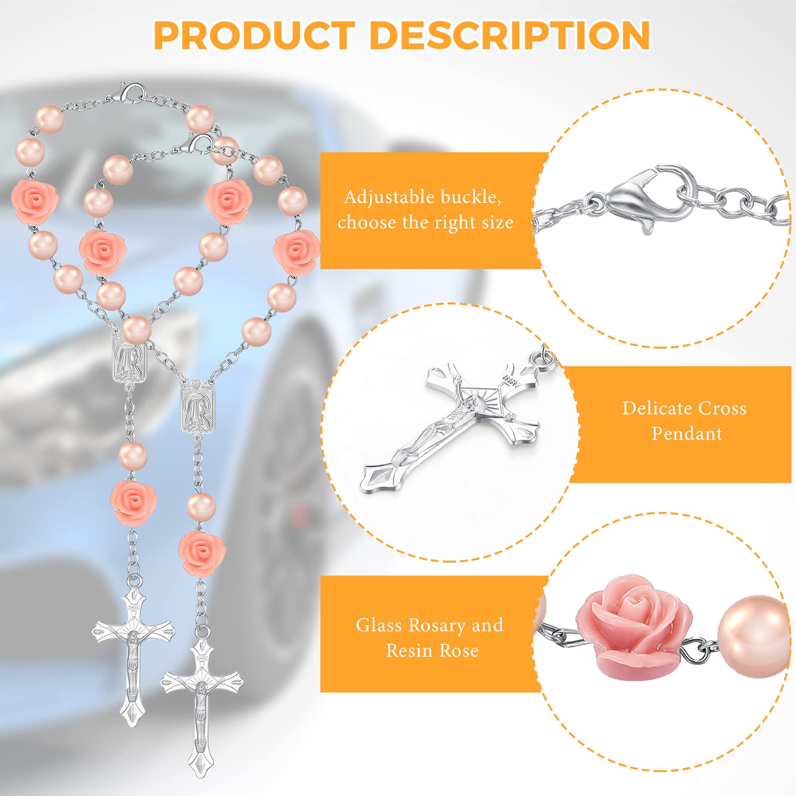 Pendentif Chapelet Pour Rétroviseur Voiture – Croix Argentée, Perles, Longueur 19cm, Décoration Bénédiction