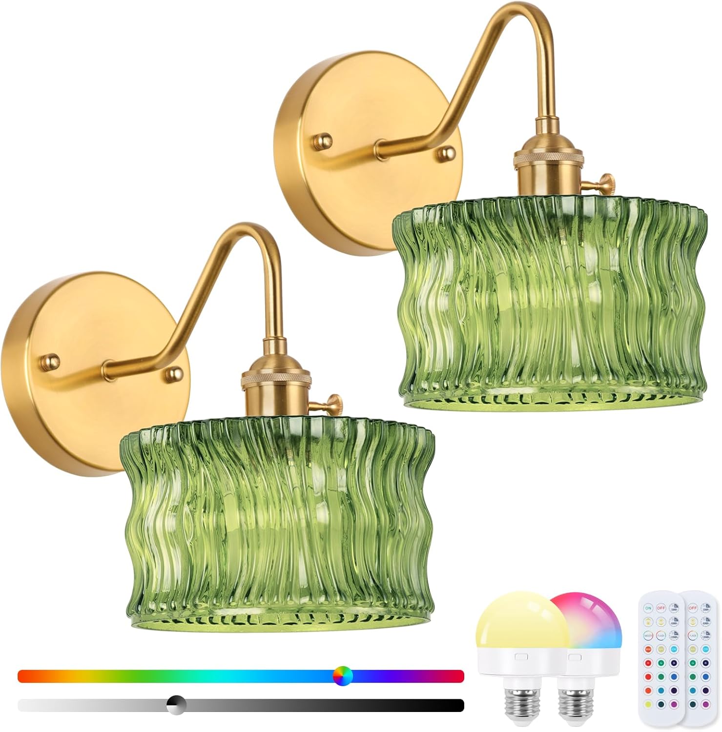 Vintage Battery Operated Wall Sconce Set of 2, Wireless Wall Sconces with Green Ripple Glass Lampshade Rechargeable,Wall Lights with 12 Colors RGB for Bedroom, Living Room (Green Ripple)