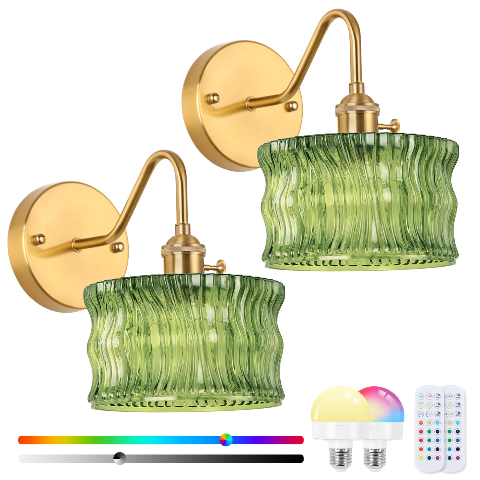 Vintage Battery Operated Wall Sconce Set of 2, Wireless Wall Sconces with Green Ripple Glass Lampshade Rechargeable,Wall Lights with 12 Colors RGB for Bedroom, Living Room (Green Ripple)