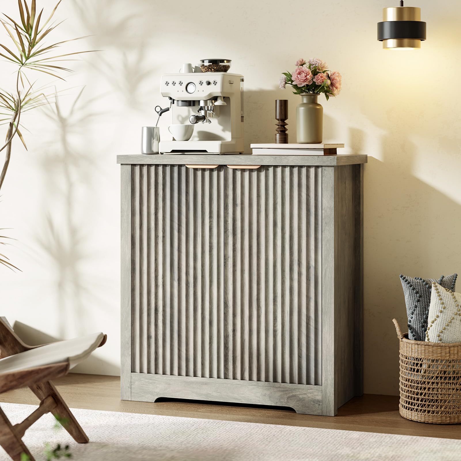 Crevyteg Modern Fluted Sideboard Buffet Cabinet – 2 Doors, Adjustable Shelf, Spacious Storage – Wood Console Table for Dining Room, Kitchen, Living Room, Hallway – 29 x 15 x 32in, Antique light color