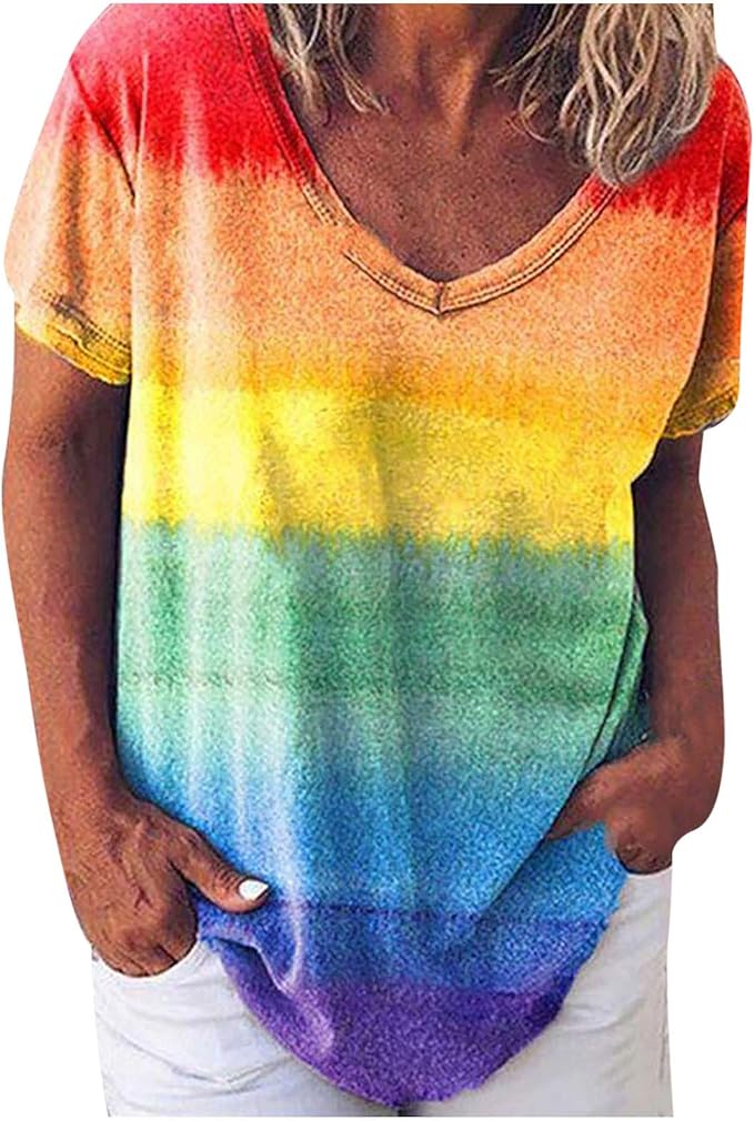 Amazon Co Jp レディース Tシャツ 絞り染め カジュアルtシャツ 可愛い トップス 夏 レインボー グラデーション ファッション プリント オシャレ タイダイ染め Kukoyo Vネック ゆったり カラフル Tシャツ 人気 プルオーバー ストリート系 快適 お洒落 ファッション