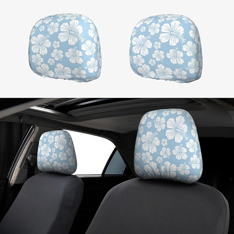 Capas para Apoio de Cabeça de Banco Automotivo FalePrint Azul e Branco com Estampa Fibiscus Flower, Kit com 2