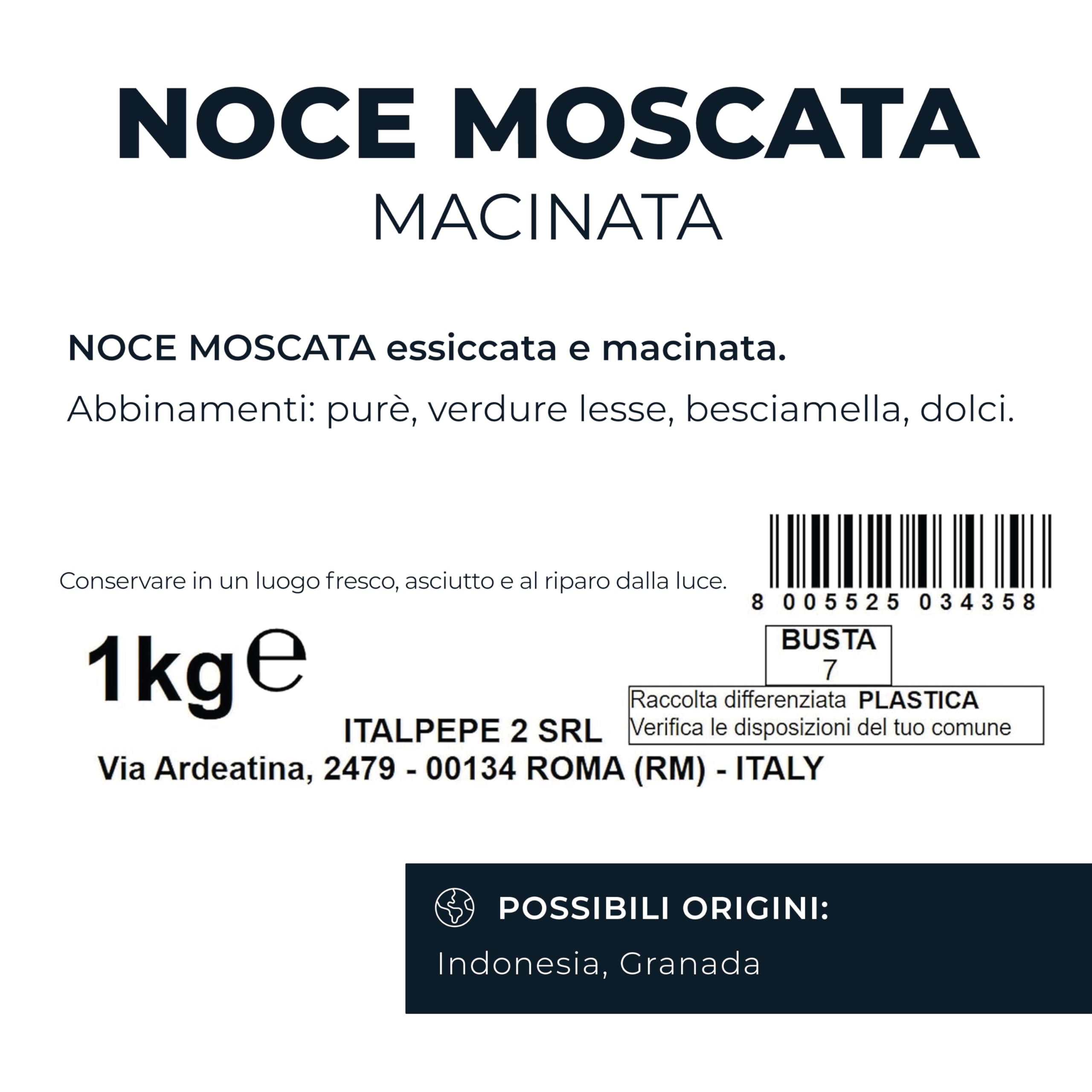 Italpepe, Noce Moscata Macinata, Sapore Fresco e Balsamico, Ideale per Valorizzare le Verdure Crude e Alla Griglia, Insalate e Carpacci, Senza Glutine, Confezione da 1 kg