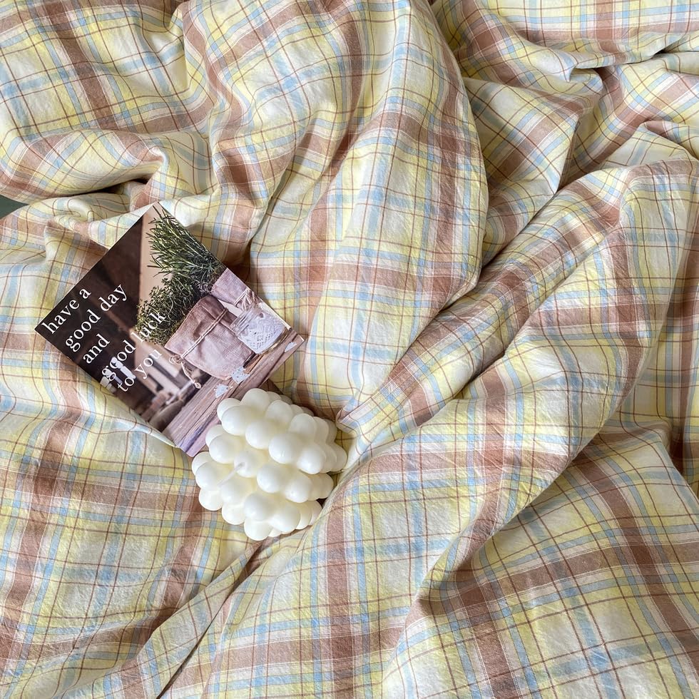 Image of EAVD Vintage Style Buffalo Plaid Duvet Cover Twin Size 3 Pieces Grid Plaid Bedding Set Soft 100% Washed Cotton Aesthetic Gingham Duvet Cover with 2 Pillowcases Colorful Grid Checkered Bedding Set