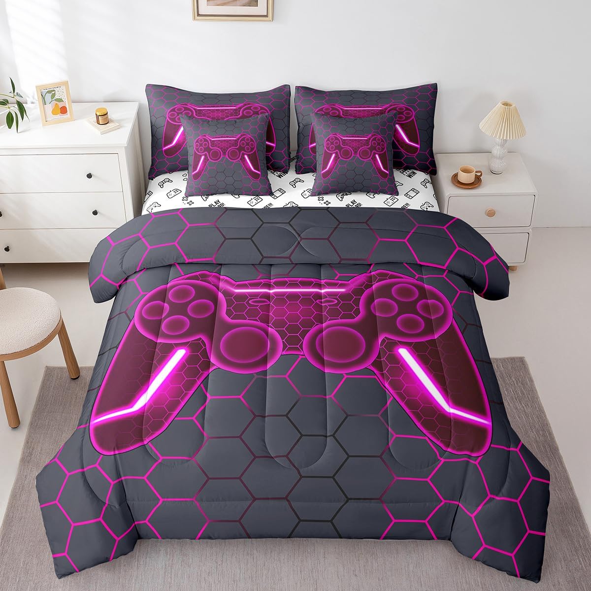 Castle Fairy Gamer Gaming Comforter Set 7 Piece for Child Boys Girls Kids Teen Man 3D Geometric Honeycomb Game Console Gamepad All Season Bedding Set Room Decorations Duvet Sets (Purple, Twin)