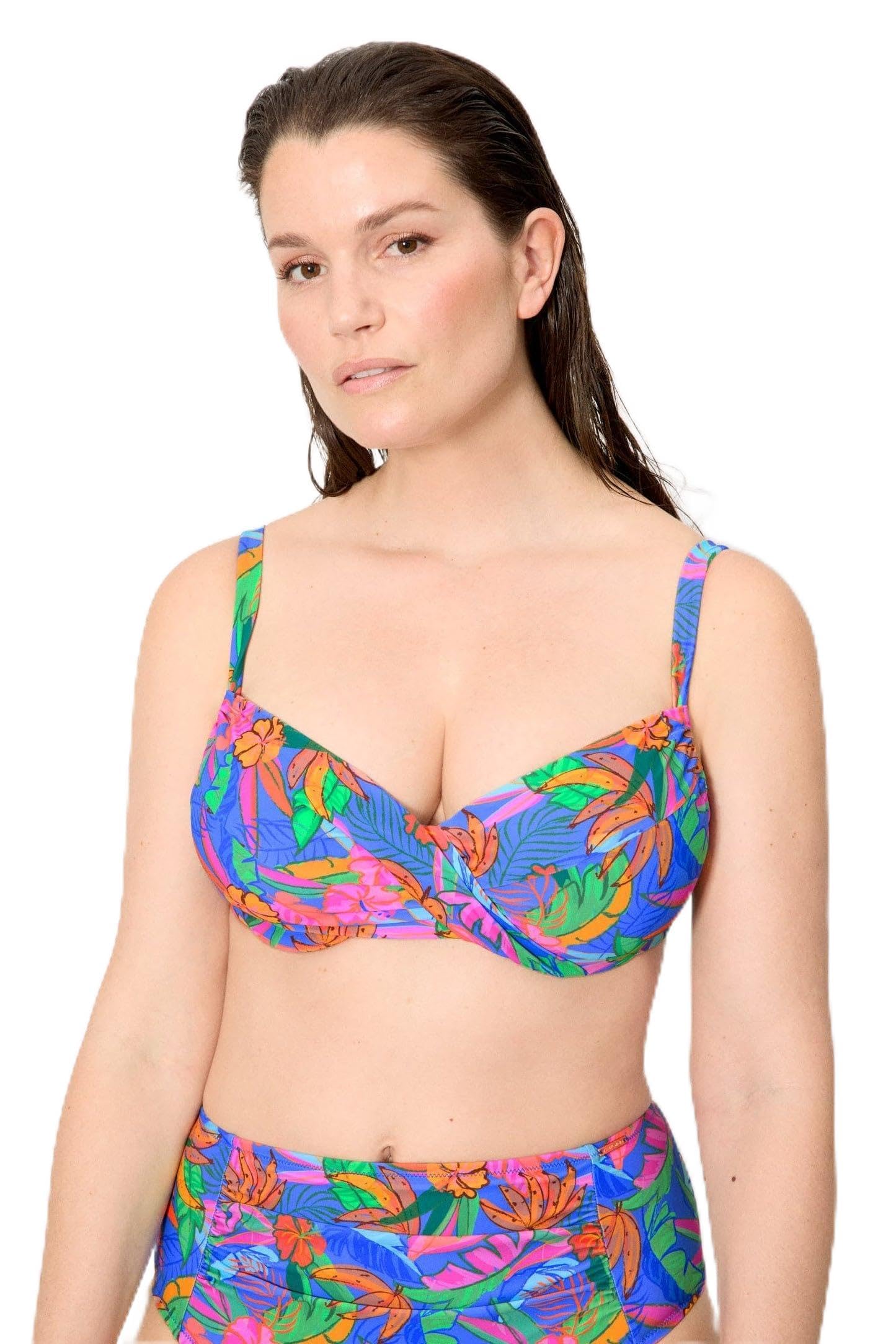 YSABEL MORA. Top Bikini Reductor Contorno Regulable Estampado Tropical Copas C y D. con Aro Sin Relleno. Tirantes Ajustables .Colección Palms.