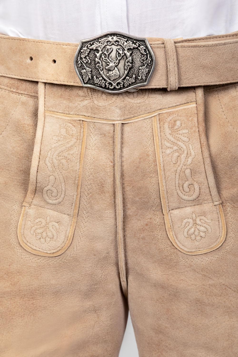 Edelnice Trachtenmode Kurze Wildbock Lederhose Balthasar hell beige mit Stickerei