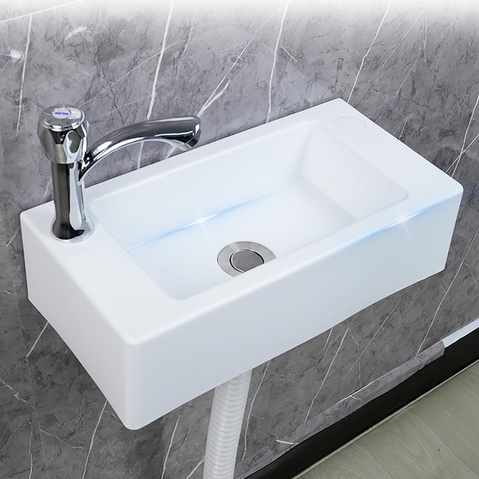 Piccolo lavabo in plastica per montaggio a parete per roulotte, camper, WC ospiti, bagno, 40 x 20 x 11 cm, bianco, ideale per campeggio, giardino, cantieri, con scarichi da 75 cm