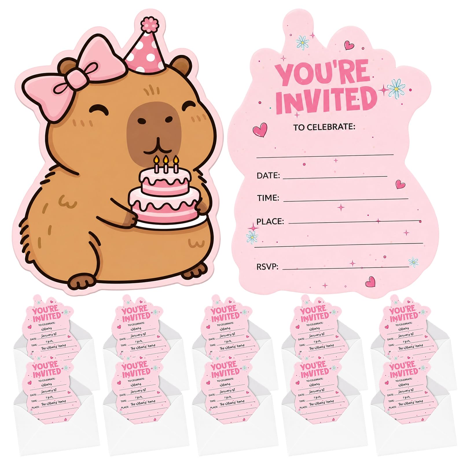 Capybara Birthday Card, Party Invites for Girls, Pink Animal-Themed Celebration, 10 Cards with 10 Envelopes, Capybara Invites Card for Celebration and Family Gathering
