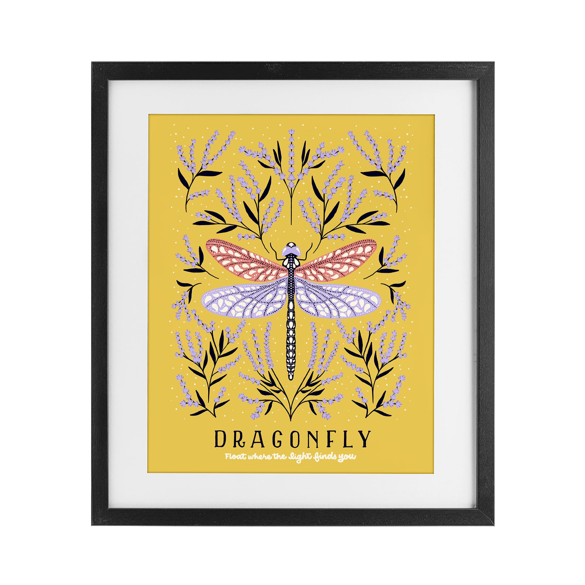 'Dragonfly Symmetry on Yellow'| Framed Print Under Glass