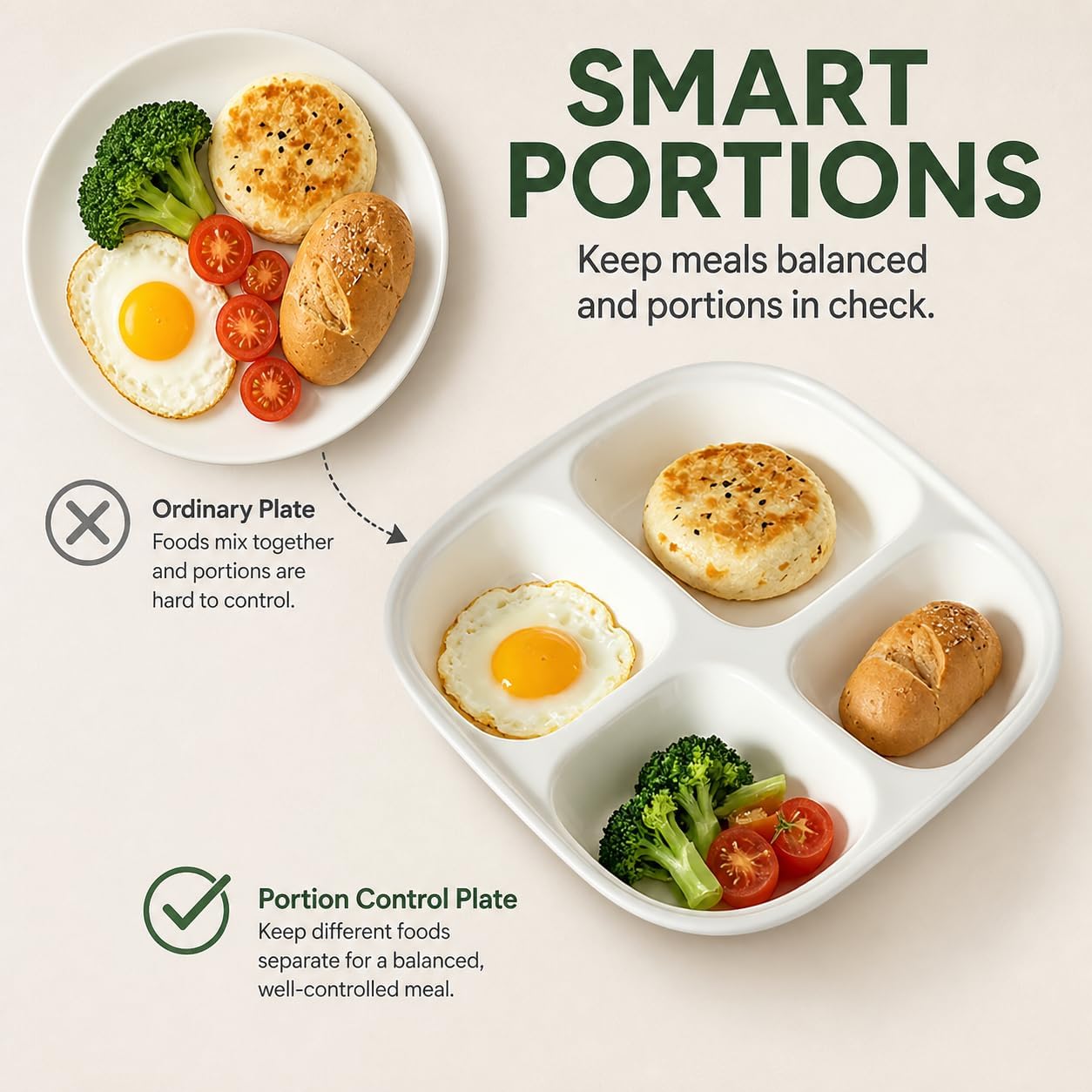 Ceramic Portion Control Plate 8.5 Inch for Weight Loss 4-Compartment Divided Plates for Adults - 2 Pack Dinner Plate for Healthy Eating, Reusable Dishwasher Microwave Safe