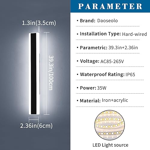 Vista 131 de Apliques de pared para exteriores de 47 pulgadas, regulables de 3000 K-6000 K, luces de pared larga para exteriores, IP65 impermeable, moderna