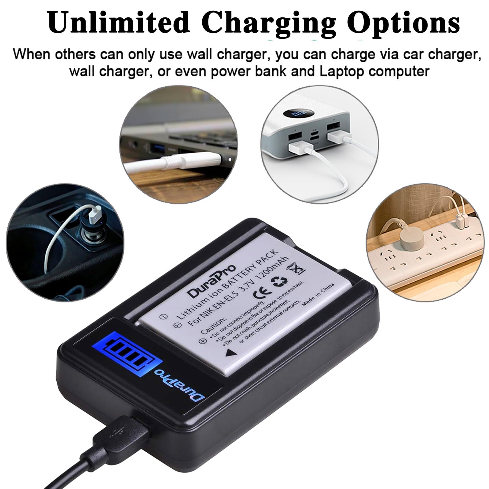 Lot De 2 Batteries EN-EL5 + Chargeur USB LCD DuraPro - Compatible Nikon Coolpix P530, P520, P500, P6000, Etc.