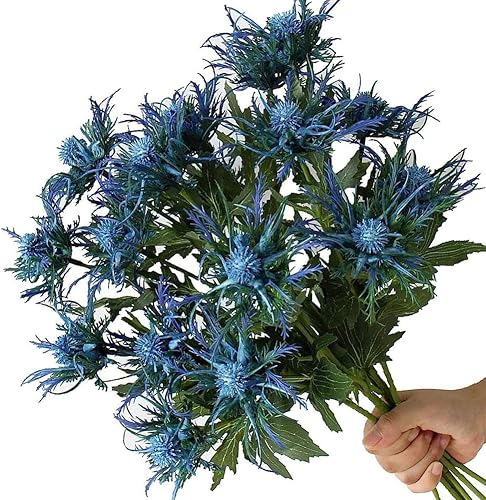 Miniatura 8 de Fermus 5 tallos de cardo artificial, 5 ramas de tacto real, decoración de cardo azul de 26 pulgadas, aerosol rústico de tamaño real, eryngium acebo
