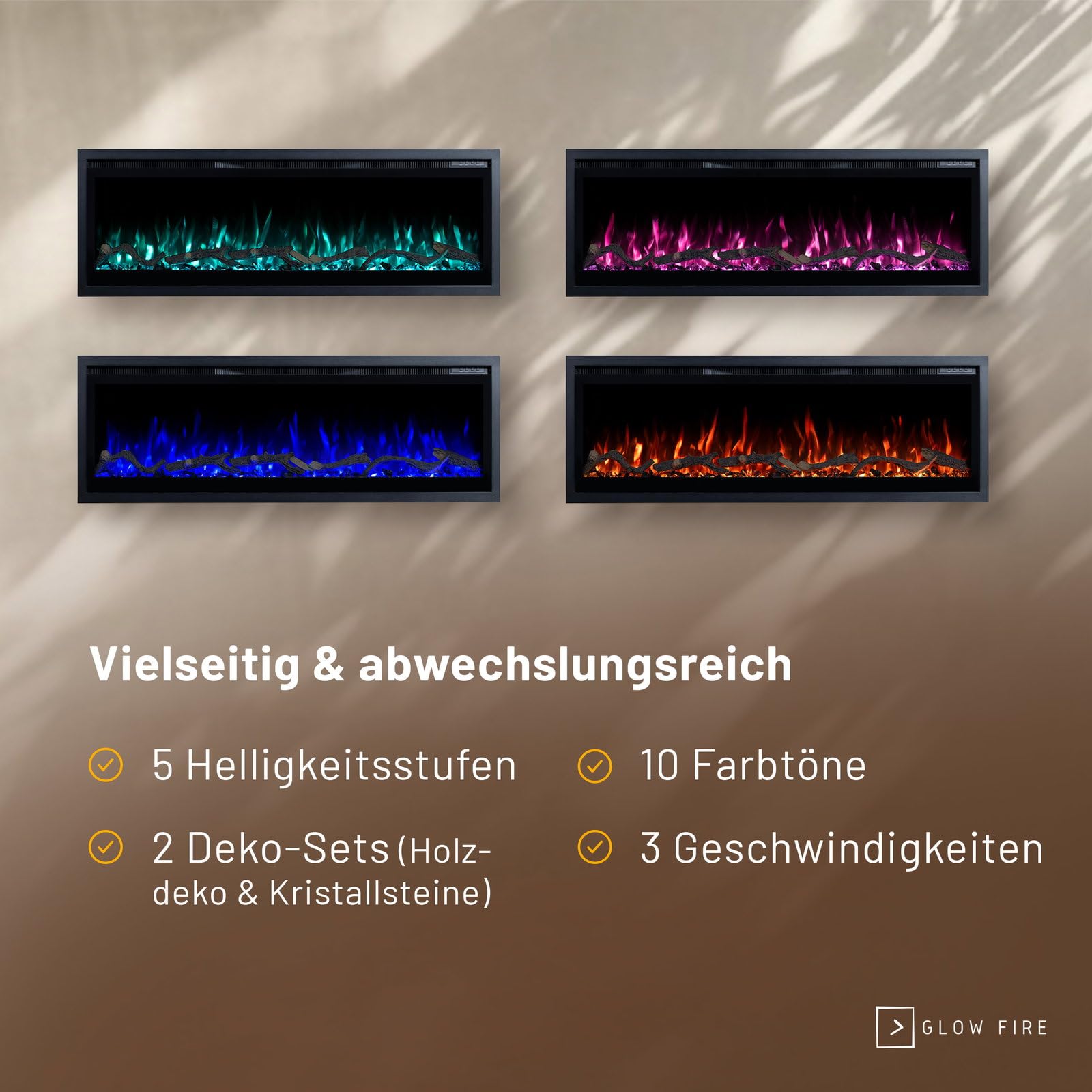GF Core Fernsehwand mit Elektrokamin Inside 106 (Wohnwand mit Einbaukamin und Platz für Fernseher), 200x41.6x31.9 cm, inkl. elektrischer Kamin mit Heizung - Schwarz mit TV-Aussparung & Seitenfach