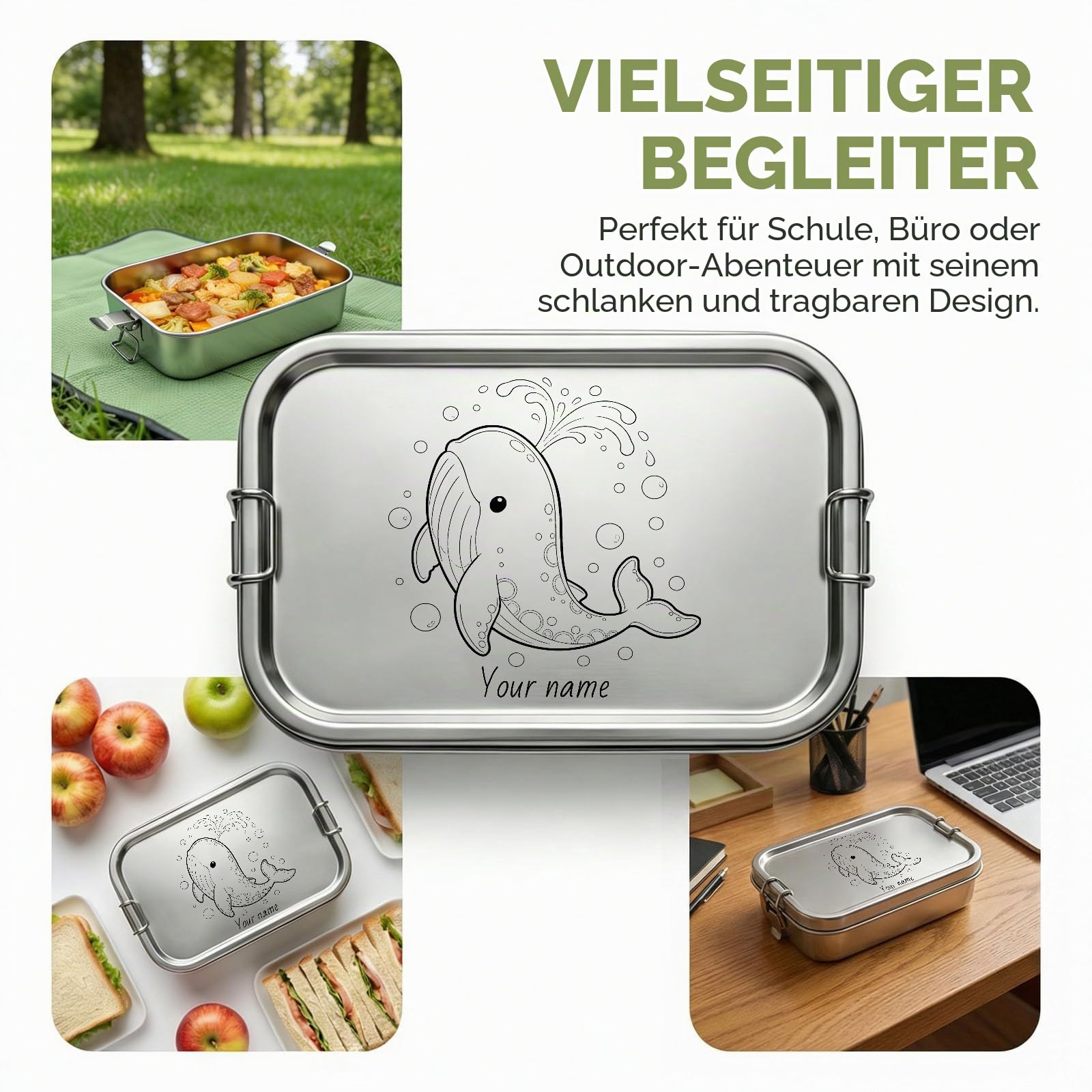 Personalisierte Edelstahl Brotdose Optional Fächern, mit 4-teilig Edelstahl Besteck, 700ml/1000ml/1650ml, Laserdruck mit Namen/Foto, Auslaufsichere Lunchbox für Kinder & Erwachsene, Bento Box(1650ML)