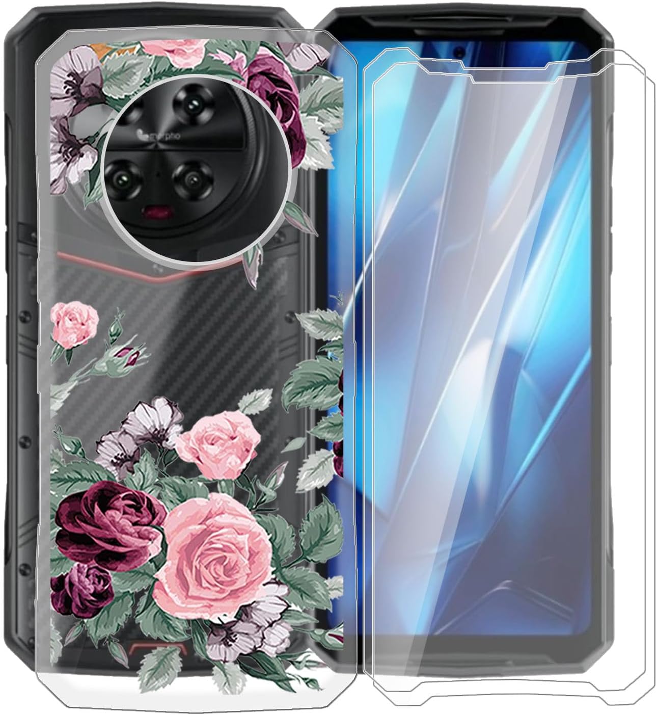 for Doogee DK10 Phone Case with [2 Pack] Screen Protector, Clear Soft Silicone TPU Protective Case, Anti-Fall Ultra-Thin Bumper Case for Doogee DK10 (6.67") - Rose Flower