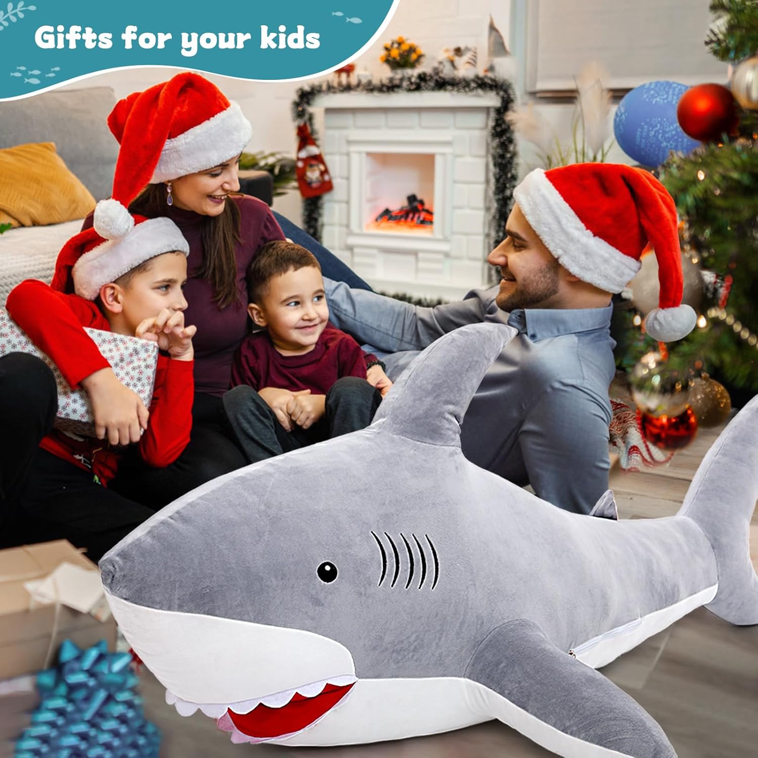 MorisMos 51inch Giant Shark Stuffed Animal, Large Shark Plush Toy Pillow Gift for Kids, Girlfriend, Gray
