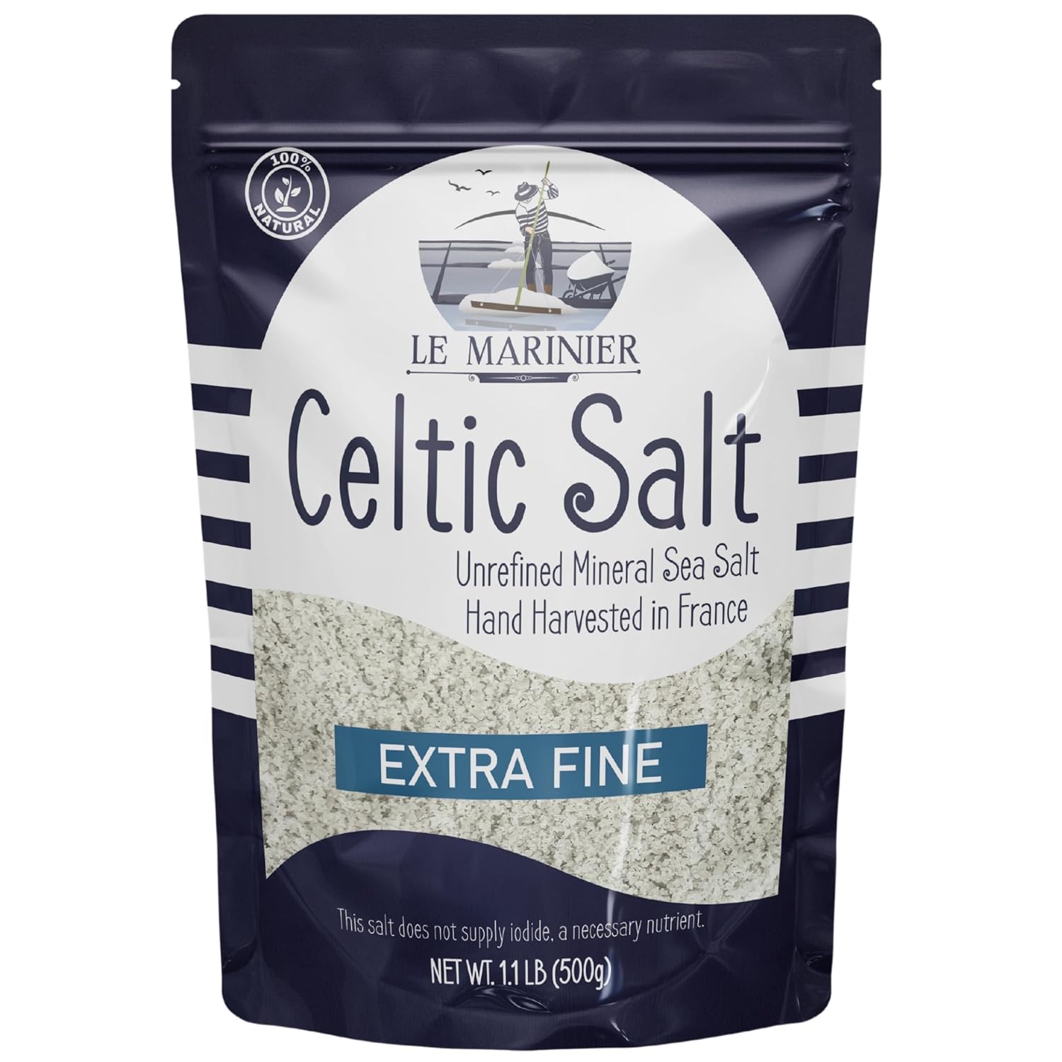 Le Marinier Organic Celtic Sea Salt Extra Fine 1.1 lb - Hand-Harvested French Salt with 82+ Minerals, Unrefined & Natural