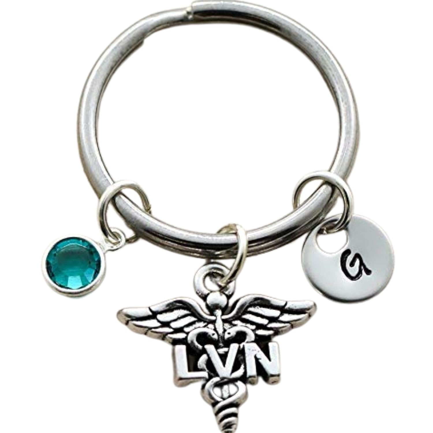 LVN Keychain - Personalized Initial & Birthstone - Licensed Vocational Nurse Keyring - Caduceus Charm Jewelry - Nurse Gifts : Handmade Products