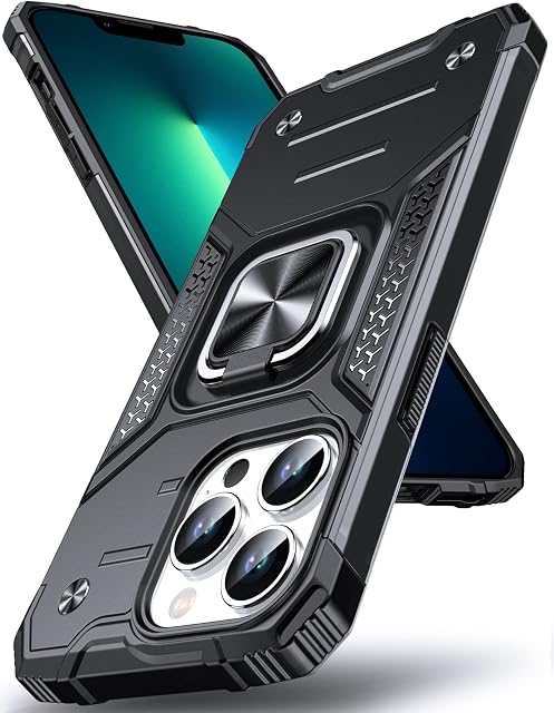 DASFOND Designed for iPhone 13 Pro Case, Military Grade Shockproof Protective Phone Case Cover with Enhanced Metal Ring Kickstand [Support Magnet Mount] for iPhone 13 Pro 6.1 inch, Black