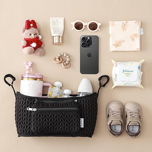 Miniatura 2 de Organizador de cochecito - Elegante nailon acolchado, ajuste universal, bolsa desmontable, almacenamiento múltiple ajustable para cochecito de bebé