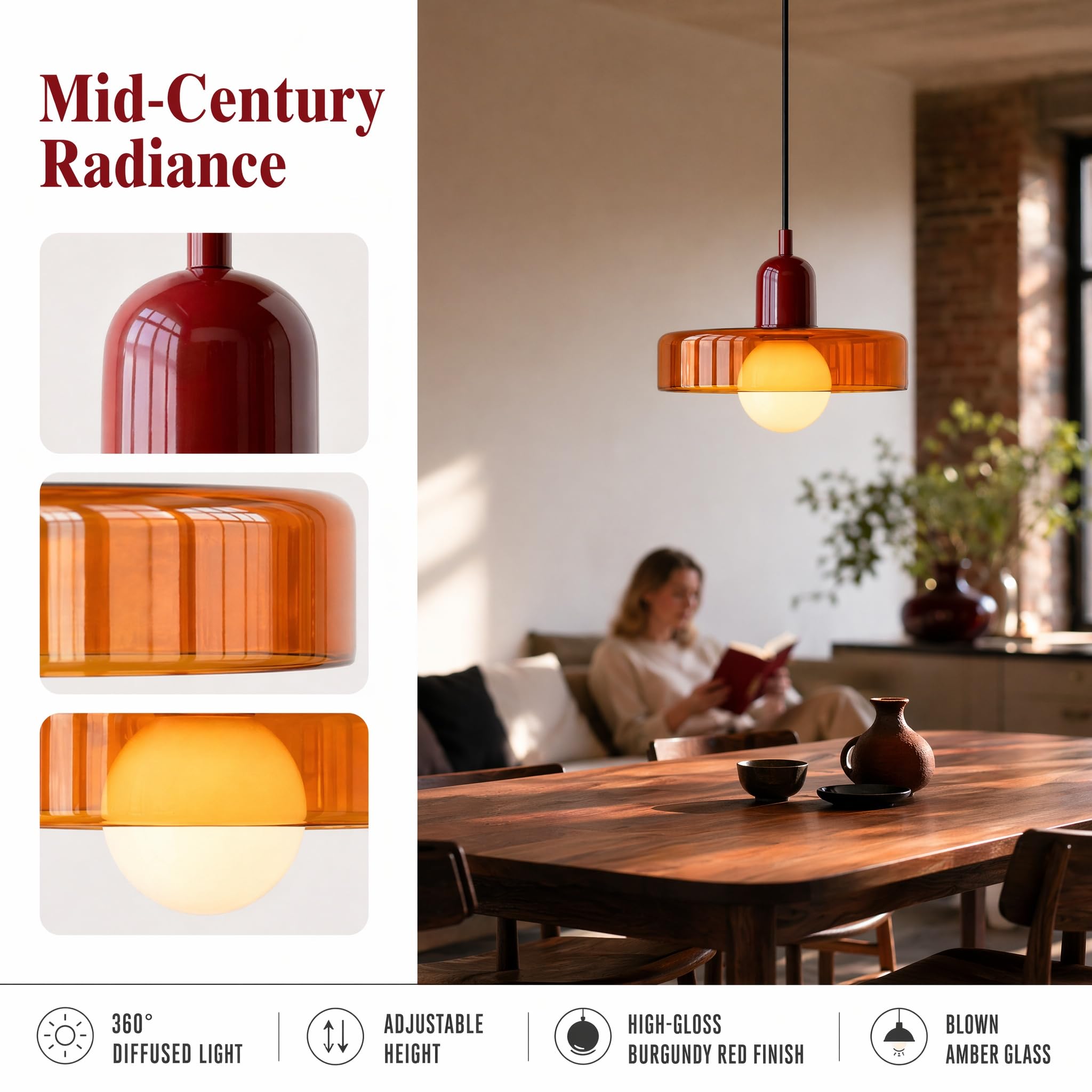 25cm Rund Glas Pendelleuchte, Retro Modern Esstisch Hängelampe mit Rot Eisenoberteil, E27 Hängende Deckenlampe für Küche, Esszimmer & Schlafzimmer (Klar Orange)