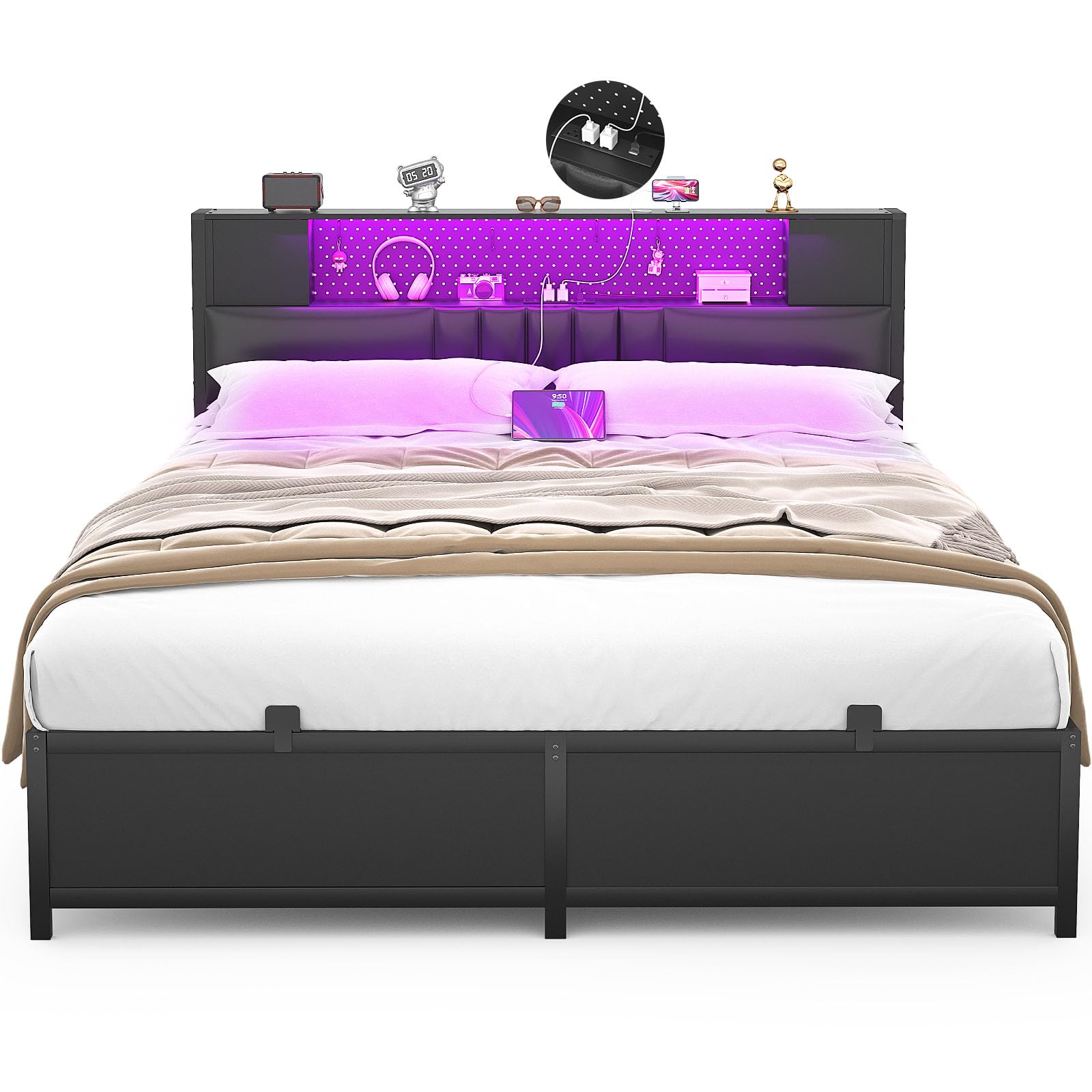 Unikito Full Size Bed Frame with LED Light & Power Outlet, Platform Bed with Upholstered Headboard and Storage, Sturdy Metal Slats Support, No Box