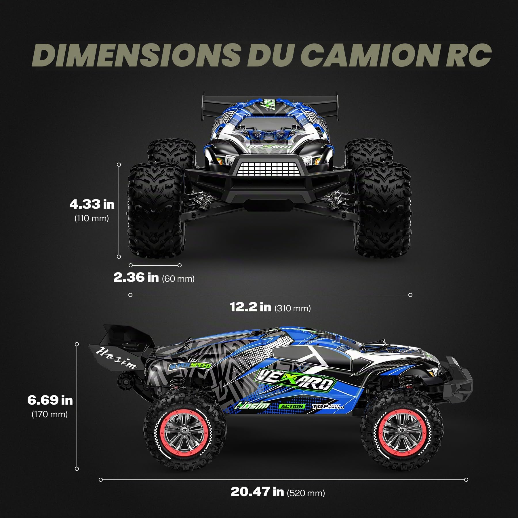 Hosim - Voiture télécommandée rapide pour adultes 80 km/h, mini camion télécommandé 1:8 avec trois différentiels, 4WD tout-terrain étanche RC Car avec 2 batteries 3S