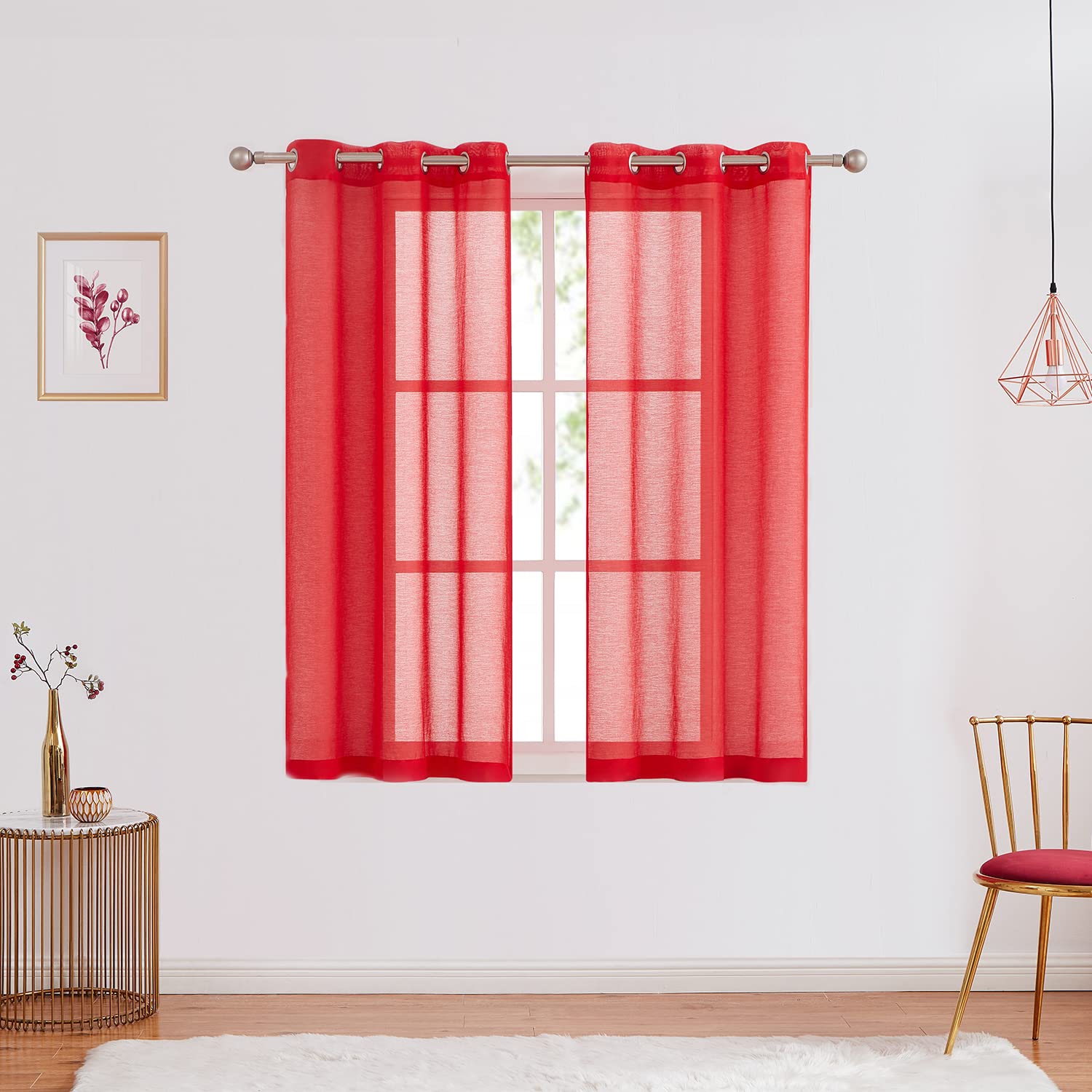 July Joy Red Semi Linen Look Sheer Curtains for Bedroom, Living Room Grommet Light Filtering Solid Voile Window Curtains, Set of 2 Panels, 42 x 63 inch