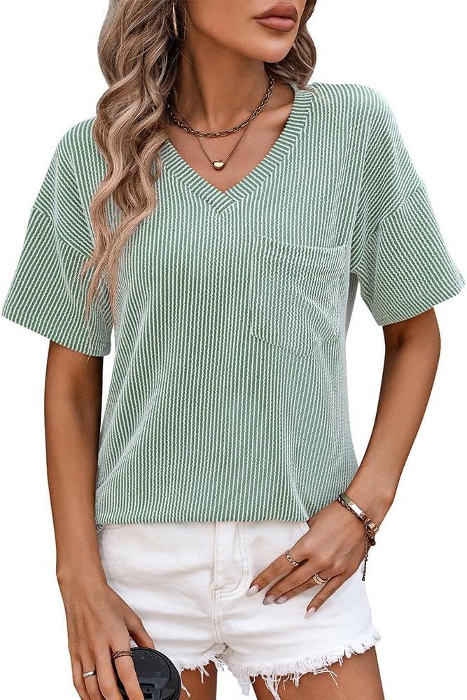 FMCHICO Women Summer Crew Neck Eyelet T Shirts Casual Cap Sleeve Loose Fit Dressy Blouses Basic Shirts