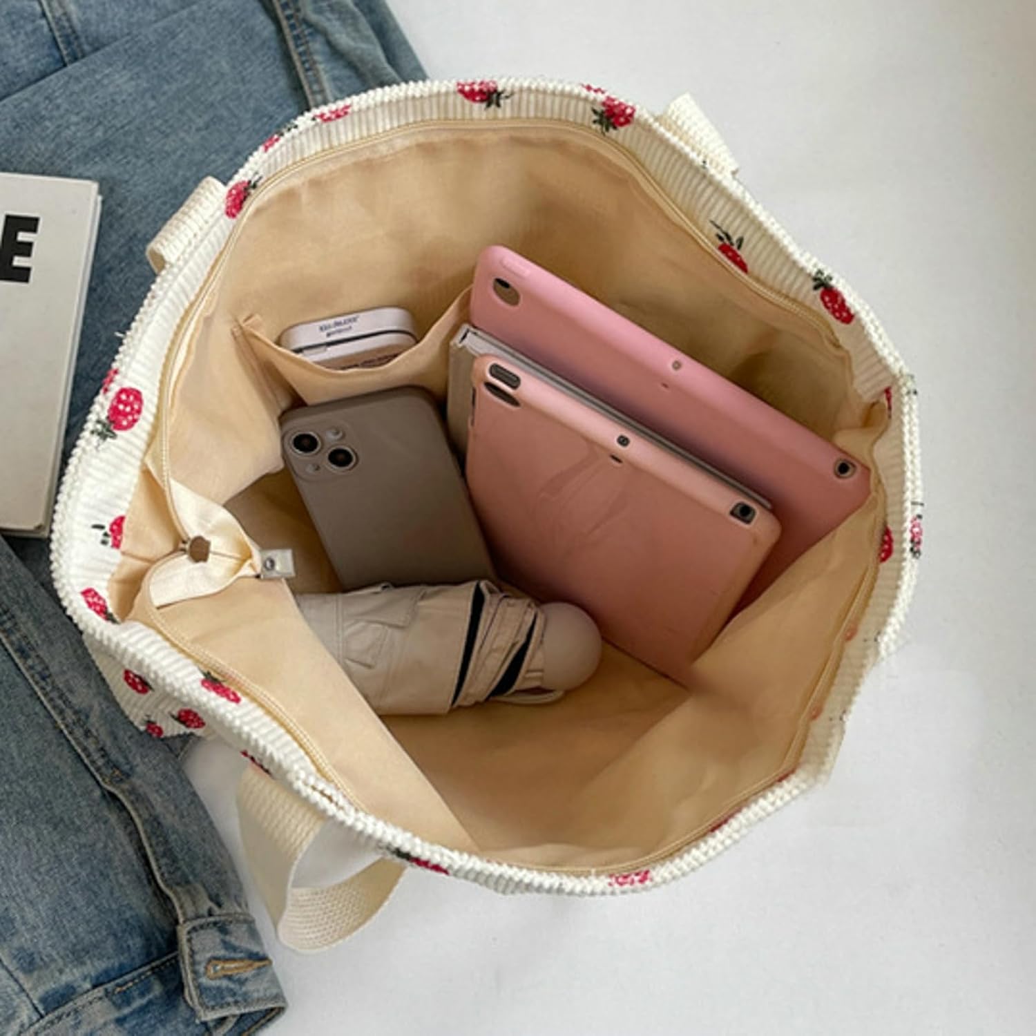 Cute Strawberry Shoulder Tote Bag Women 2025 Corduroy Book Handbag Square Purse Multiple Pockets College - Image 6