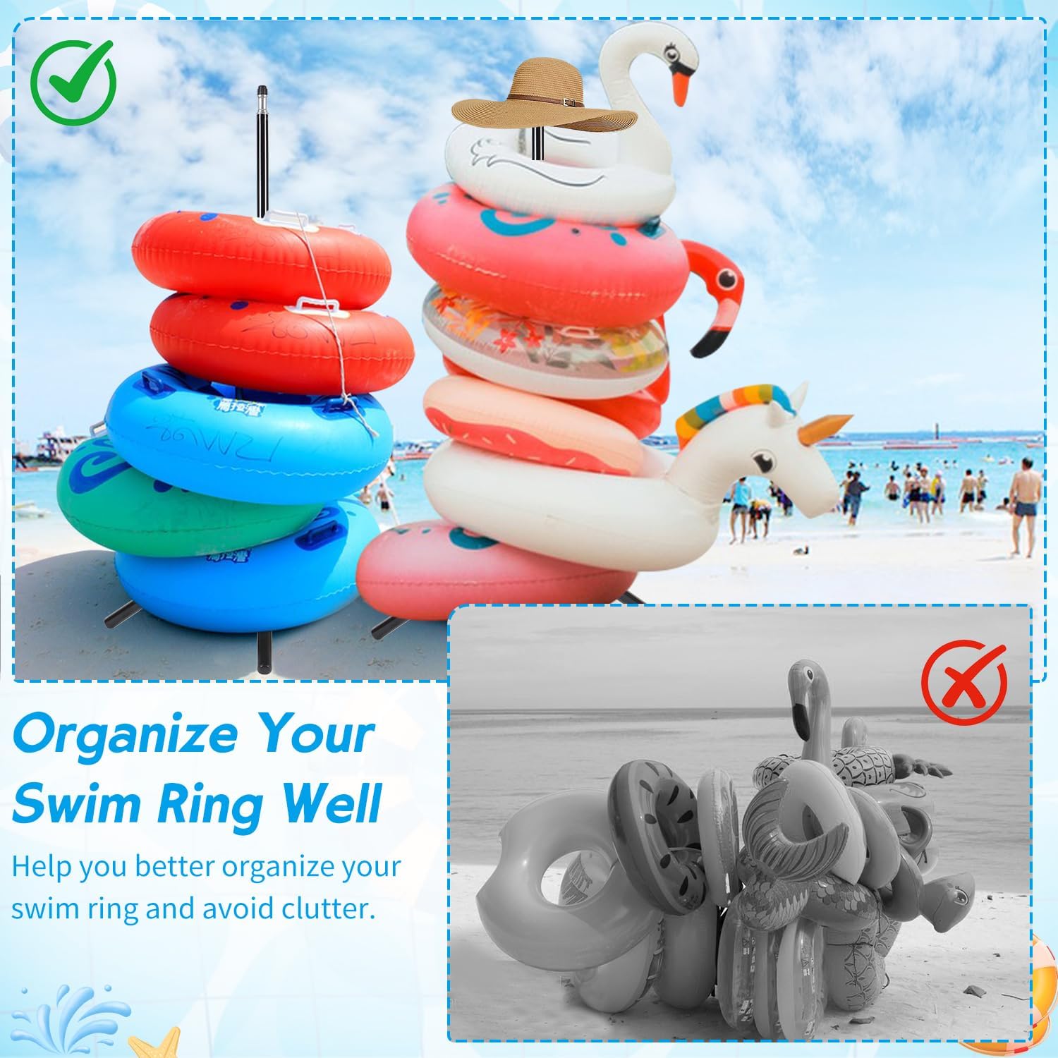 プールフロートストレージラック 調節可能なプールストレージオーガナイザー 三角形のブラケットベース スイミングリング ビーチタオル