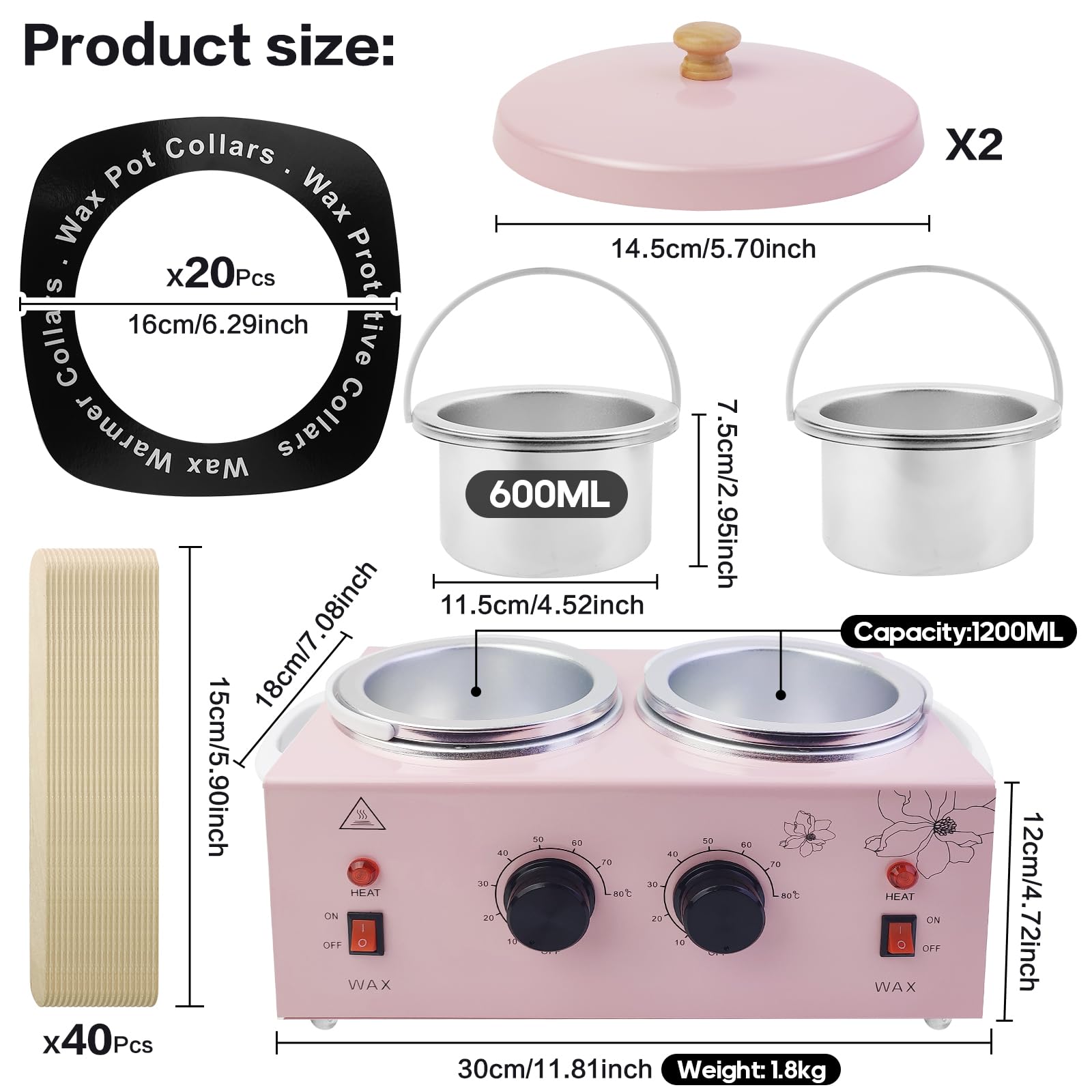 Chauffe-cire portable avec température réglable et 40 bâtons de cire - Épilation indolore pour homme et femme (rose - double pots)