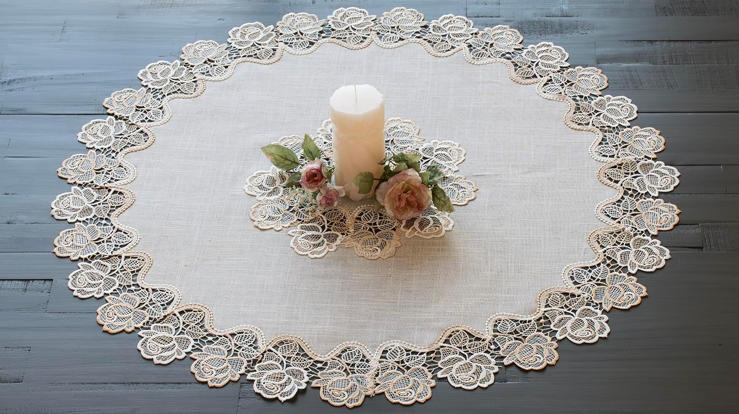 Beige Rose Lace Table Topper, Doily, Table Runner (33 Inch Round)