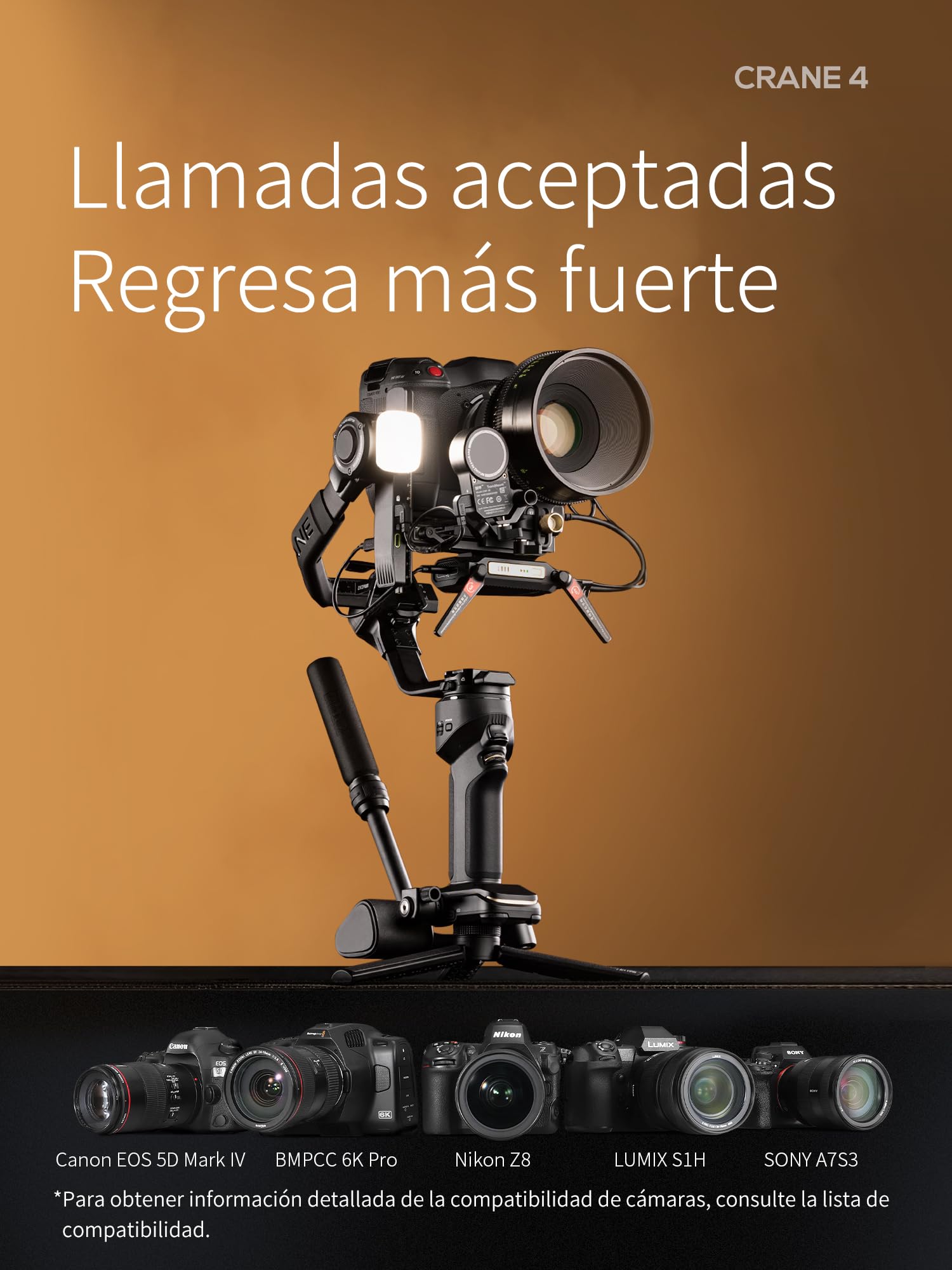 ZHIYUN Crane 4 [Official] Estabilizador Gimbal para cámara DSLR y sin Espejo estabilizador de 3 Ejes con trípode/Bolsillo/lámpara de vídeo para Nikon/Canon/Sony/Panasonic/Fujifilm | Para Nikon, Sony, Panasonic, Canon, Fujifilm BMPCC 6K, Fill Light, PD de