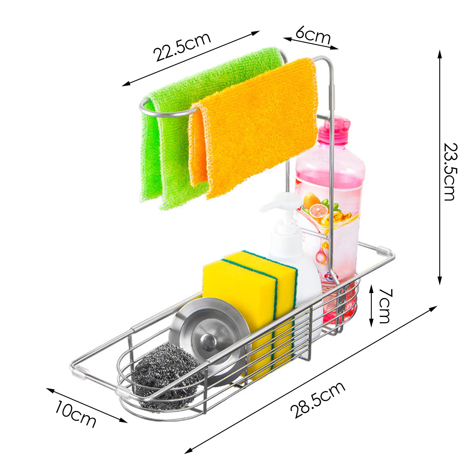 Organizer telescopico per lavello da cucina in acciaio inox, con porta utensili per la pulizia e spugna di sapone, gancio per strofinacci per bagno e cucina