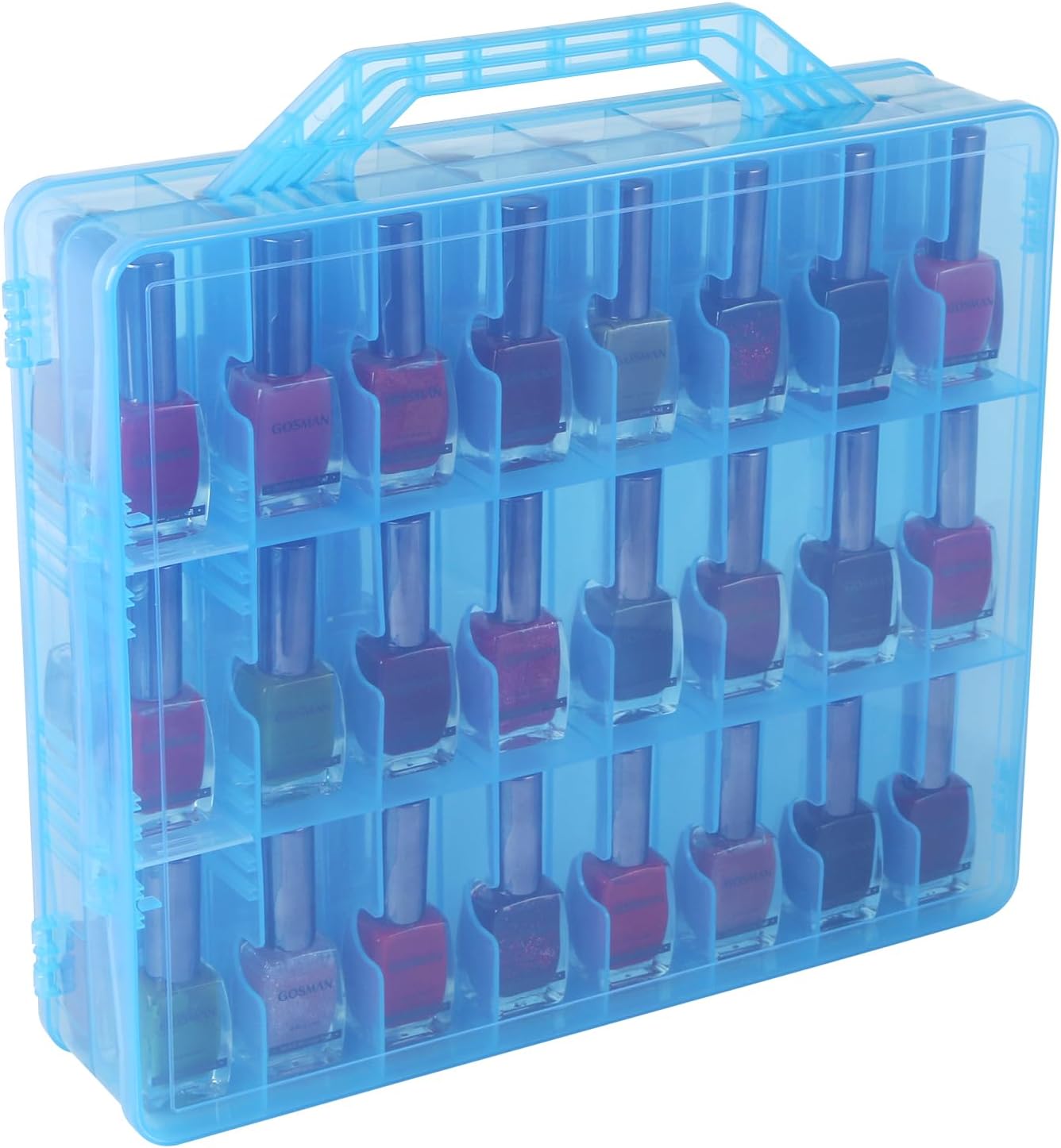 Universal Nail Polish Holder Gel Nail Polish Organizer Case for 48 Bottles Adjustable Dividers Space Saver,Double Sided Storage for Nail Bottles Mini Cars Threads Essential Oils (Blue)