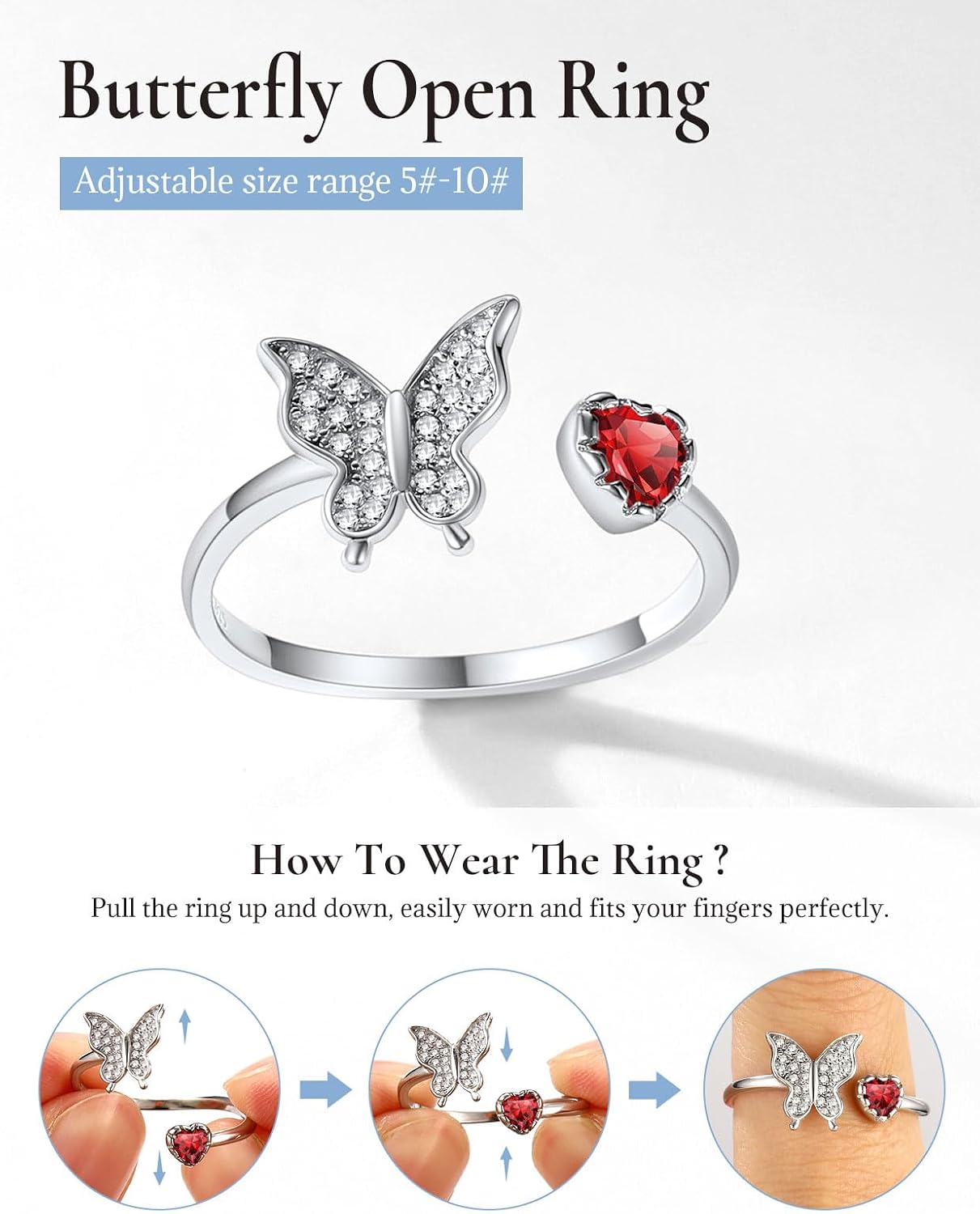 SILVERCUTE Butterfly Rings for Women - 925 Sterling Silver Birthstone Ring Women Jan-Dec Adjustable Ring with Cubic Zirconia Cute Butterfly Jewelry