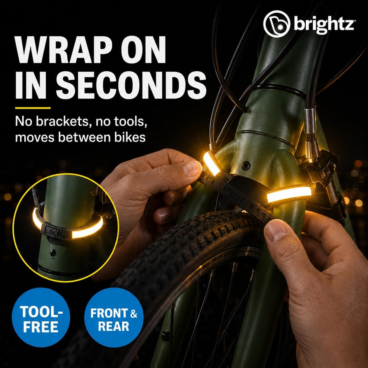 Brightz Safety Bike Light Straps, Front White & Rear Red, 2-Pack | Bike safety light set for night riding; 360 visibility; 24+ hour runtime; tool-free strap-on bicycle lights